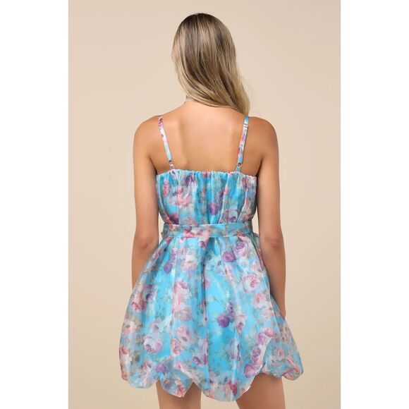 Lulus Bountiful Poise Blue Floral Organza Bubble-hem Mini Dress - Size L - Picture 4 of 5